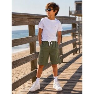Tommy Hilfiger Boys Cargo Shorts Olive Green Pull On Elastic Waist Size M 12-14